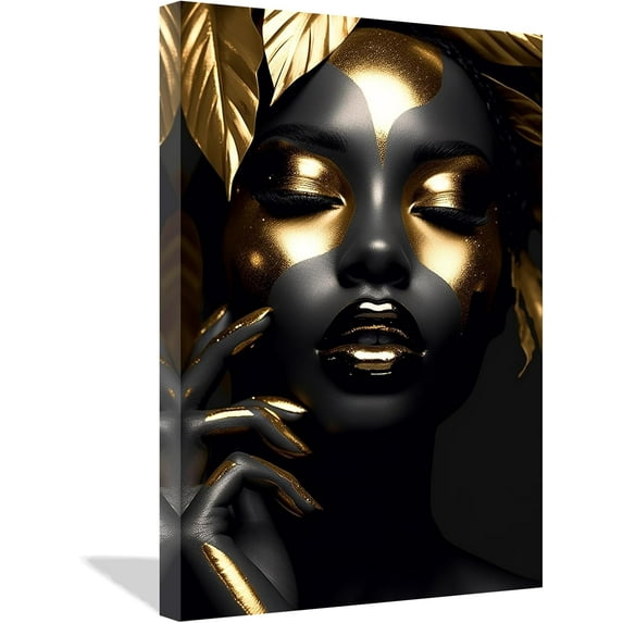 ZHONGYUTONG African American Canvas Wall Art Black Gold Woman Face Painting Prints Abstract Portrait Pictures for Black Girl Room Bedroom Decor (12.00" x 18.00")