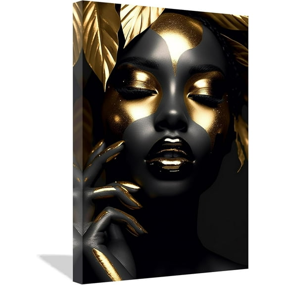ZHONGYUTONG African American Canvas Wall Art Black Gold Woman Face Painting Prints Abstract Portrait Pictures for Black Girl Room Bedroom Decor (16.00" x 24.00")
