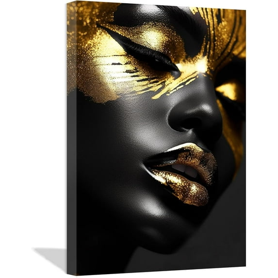 ZHONGYUTONG African American Canvas Wall Art Black Gold Woman Face Painting Prints Abstract Portrait Pictures for Black Girl Room Bedroom Decor (16.00" x 24.00")