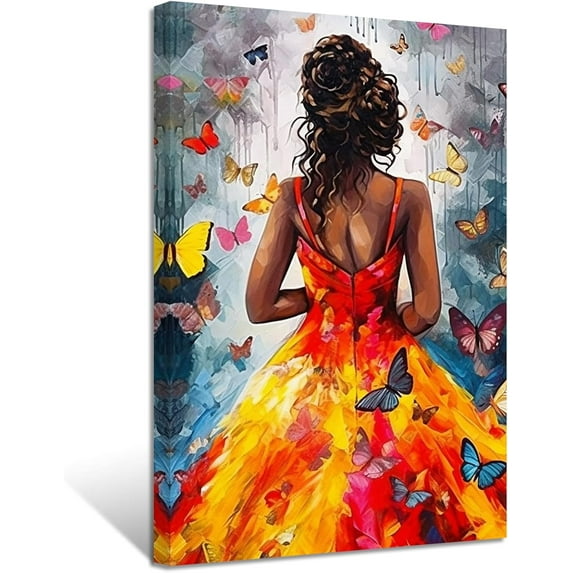 ZHONGYUTONG African American Canvas Wall Art Black Woman with Butterfly Painting Prints Abstract Colorful Artwork for Girls Bedroom Framed (16.00" x 24.00")