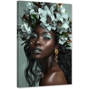 ZHONGYUTONG African American Canvas Wall Art Black Woman Flower Head Pictures Abstract Black Girl Painting for Living Room Decor Framed 12.00" x 18.00"