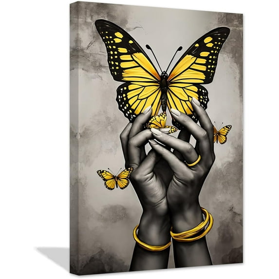 ZHONGYUTONG African American Canvas Wall Art Black Woman Hand with Yellow Butterfly Painting Prints Inspirational Artwork for Black Girl Room Decor (28.00" x 42.00")