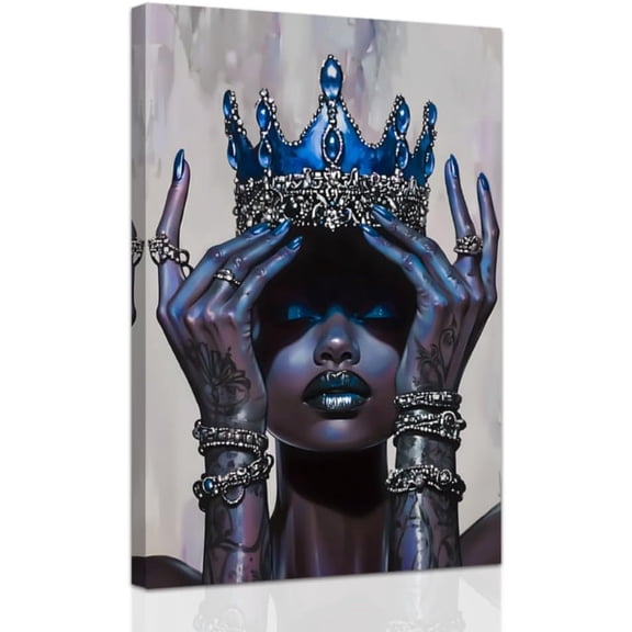 ZHONGYUTONG African American Canvas Wall Art Blue Queen Picture Black Women Painting Wall Decor Afro Girl Fashion Art Prints Bedroom Home Decor Framed (12.00" x 18.00")