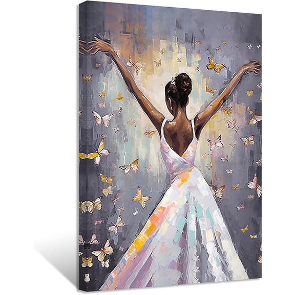 ZHONGYUTONG African American Canvas Wall Art Dancing Black Woman with Butterfly Painting Prints Abstract Artwork for Girls Bedroom Framed (12.00" x 18.00")