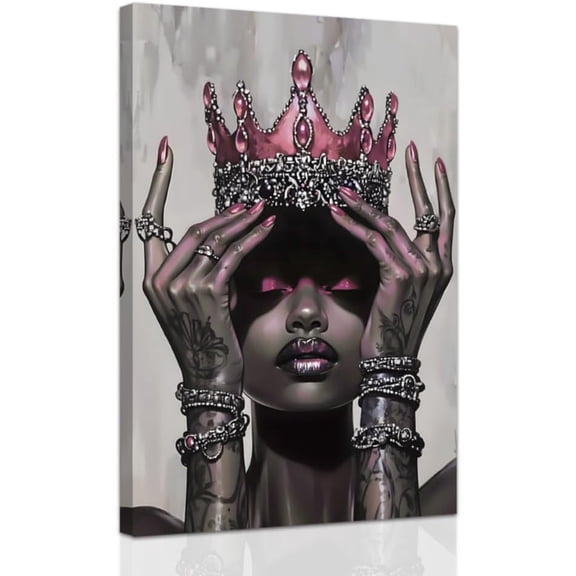 ZHONGYUTONG African American Canvas Wall Art Pink Queen Picture Black Women Painting Wall Decor Afro Girl Fashion Art Prints Bedroom Home Decor Framed (12.00" x 18.00")