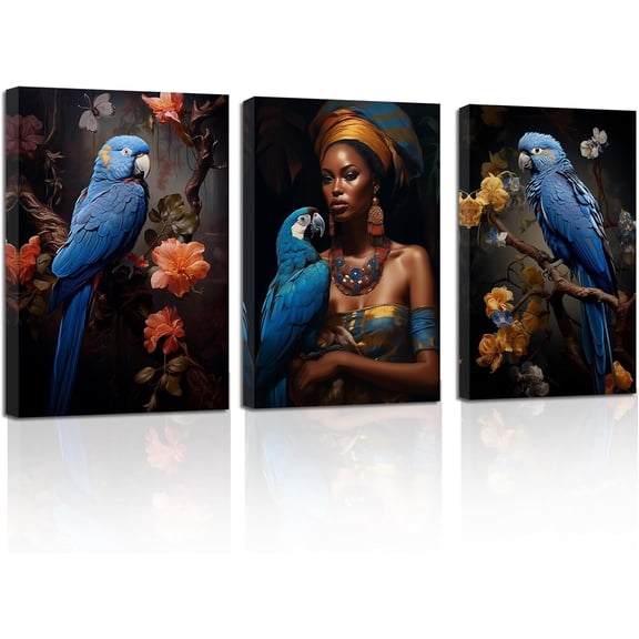 ZHONGYUTONG African American Wall Art 3 Pieces Black Woman with Blue Parrot Painting Prints Vintage Elegant Flower Canvas Picture Girls Bedroom Decor (16.00" x 24.00" x 3PCS)