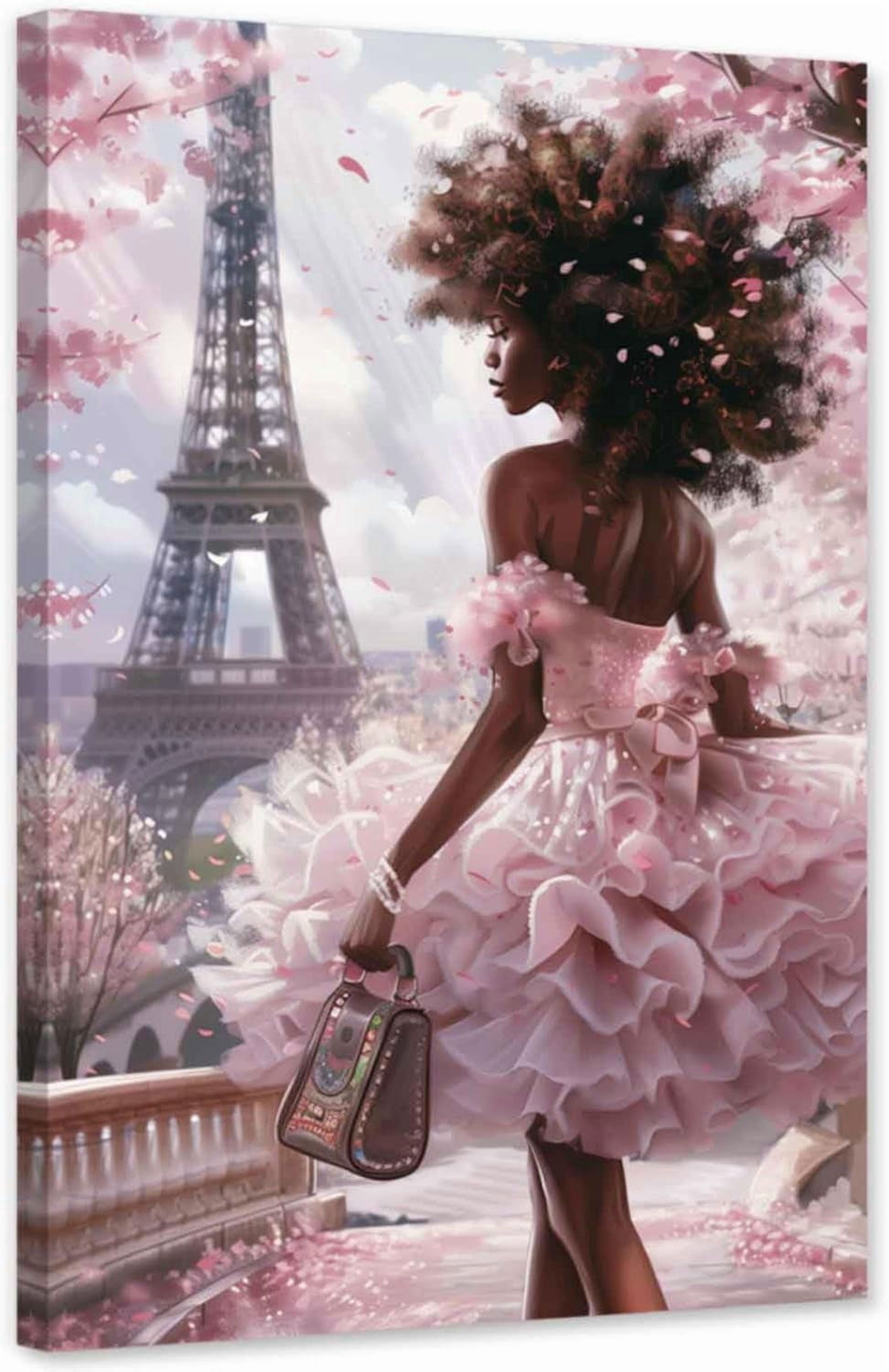 ZHONGYUTONG African American Wall Art Eiffel Tower Canvas Pink and Black Afro Pictures Black Woman Painting for Girl Room Decor Framed (12.00" x 18.00")