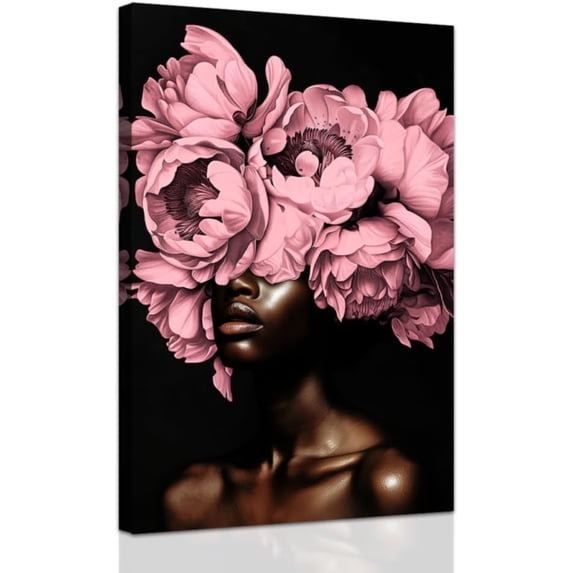 ZHONGYUTONG African American Wall Art Pink Painting Bloom Flower on Black Women Head Canvas Prints Africa Girl Portrait Pictures Framed Modern Home Decor (24.00" x 36.00")
