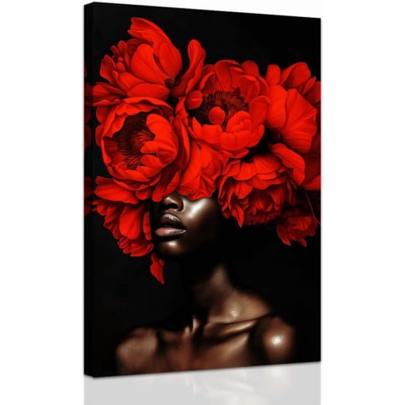 ZHONGYUTONG African American Wall Art Red Painting Bloom Flower on Black Women Head Canvas Prints Africa Girl Portrait Pictures Framed Modern Home Decor (16.00" x 24.00")
