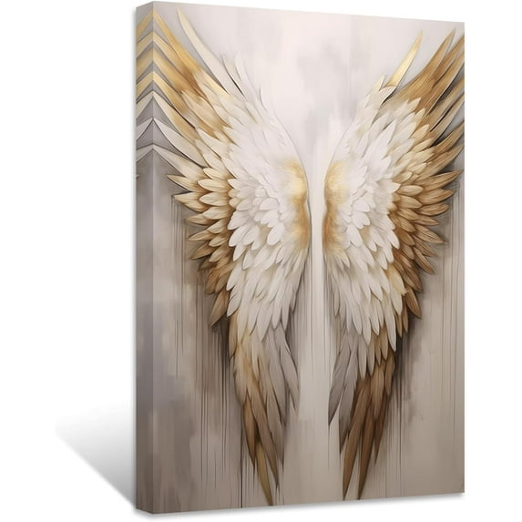ZHONGYUTONG Angel Wings Canvas Wall Art White Gold Wings Picture Prints Angel Wings Painting Abstract Artwork for Living Room Bedroom Decor Framed (12.00" x 18.00")