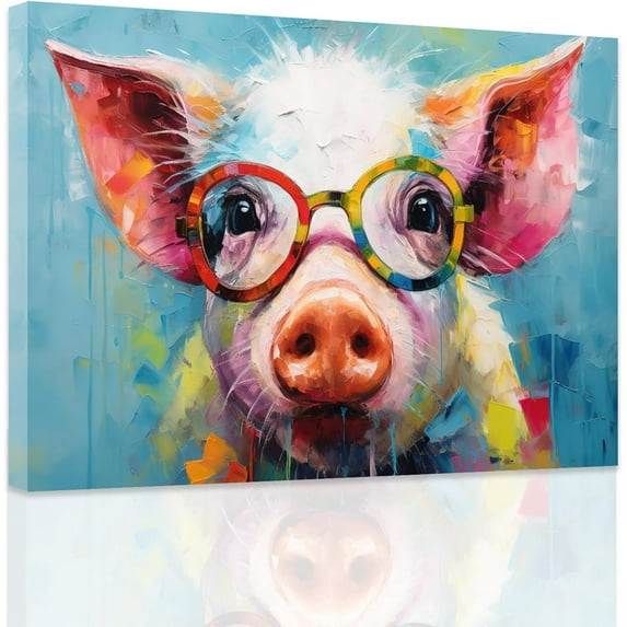 ZHONGYUTONG Animals with Glasses Wall Art Farm Animal Pictures Abstract Pig Canvas Painting Funny Pink Pig Poster for Nursery Children's Room Decor (12.00" x 18.00")