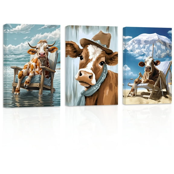 ZHONGYUTONG Bathroom Animal Wall Art 3 Pieces Cute Cow at the Beach Poster Funny Canvas Prints Modern Artwork Home Decor Framed (11.00" x 14.00" x 3PCS)
