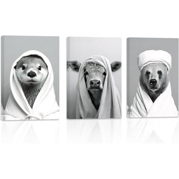 ZHONGYUTONG Bathroom Animal Wall Art 3 Pieces Cute Otter Highland Cow Bear Wearing Bathrobe Funny Poster Black White Canvas Prints for Toilet Restroom Framed (11.00" x 14.00" x 3PCS)