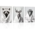 thumbnail image 1 of ZHONGYUTONG Bathroom Animal Wall Art 3 Pieces Cute Raccoon Deer Monkey Wearing Bathrobe Funny Poster Black White Canvas Prints for Toilet Restroom Framed (24.00" x 36.00" x 3PCS), 1 of 7