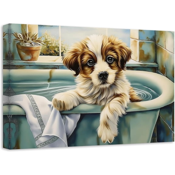 ZHONGYUTONG Bathroom Decor Cute Dog with Bath Towel Wall Art Funny Animal in Bathtub Farmhouse Picture Puppy Canvas Prints for Washroom Restroom (12.00" x 18.00")