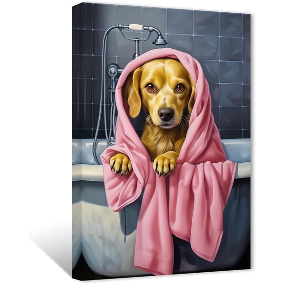 ZHONGYUTONG Bathroom Decor Cute Labrador Dog with Bath Towel Wall Art Funny Animal in Bathtub Picture Farmhouse Canvas Prints for Washroom Restroom (12.00" x 18.00")