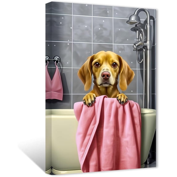 ZHONGYUTONG Bathroom Decor Cute Labrador Dog with Bath Towel Wall Art Funny Animal in Bathtub Picture Farmhouse Canvas Prints for Washroom Restroom (28.00" x 42.00")