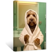 ZHONGYUTONG Bathroom Decor Cute Teddy Dog with Bath Towel Wall Art Funny Animal Farmhouse Picture Puppy Canvas Prints for Washroom Restroom Bathroom 12.00" x 18.00"
