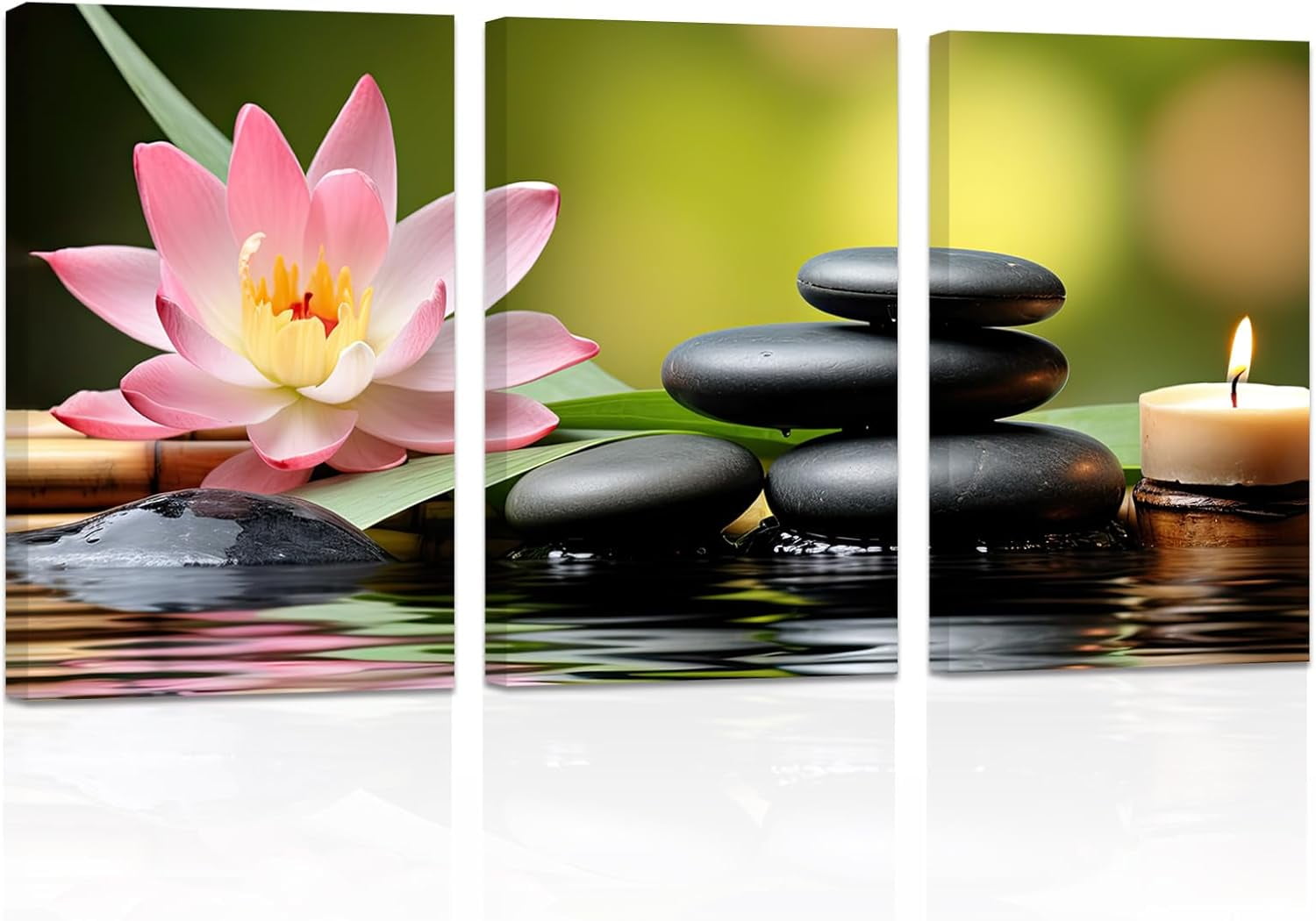 ZHONGYUTONG Bathroom Wall Art 3 Pieces Zen Stones Pink Lotus on Water ...