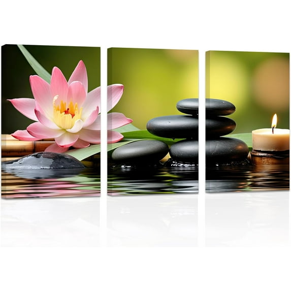 ZHONGYUTONG Bathroom Wall Art 3 Pieces Zen Stones Pink Lotus on Water Canvas Prints Spiritual Relaxing Picture for Office Yoga Spa Meditation Room Framed (16.00" x 24.00" x 3PCS)