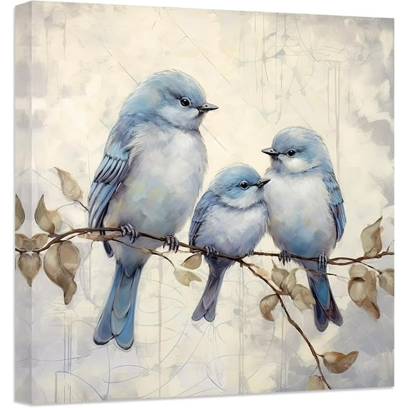 ZHONGYUTONG Bathroom Wall Art Bird Canvas Prints Blue Gray Birds Family Standing on Branch Painting Animal Pictures Artwork Home Decor for Bedroom (12.00" x 12.00")