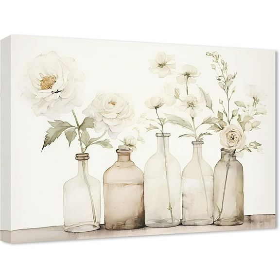 ZHONGYUTONG Bathroom Wall Art Rustic Flower in Vase Picture Farmhouse Floral Bouquets Canvas Prints Beige Botanical Artwork Country Kitchen Wall Decor (12.00" x 18.00")