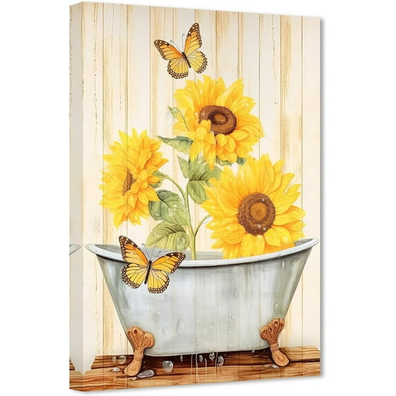 ZHONGYUTONG Bathroom Wall Art Sunflower Butterfly in Bathtub Poster Prints Funny Bathroom Artwork Yellow Flower Canvas Picture for Rustic Farmhouse Bathroom Decor (16.00" x 24.00")