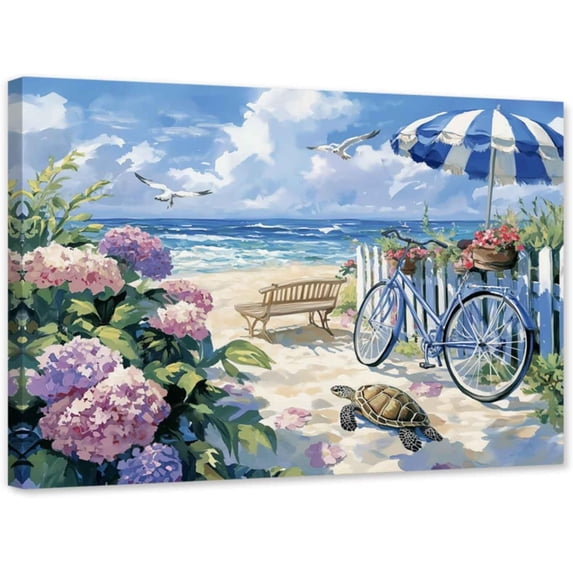 ZHONGYUTONG Beach Canvas Wall Art for Bathroom Seaside Bicycle Pictures Seascape Scene Painting Ocean Artwork for Coastal Themed Decor Framed (28.00" x 42.00")