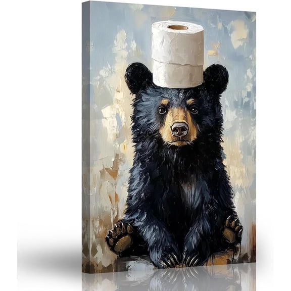 ZHONGYUTONG Bear Bathroom Wall Art Animal with Paper Canvas Painting Funny Wilderness Bear Prints for Bathroom Decor Waterproof Restroom Decorations for Cabin Home Framed (12.00" x 18.00")