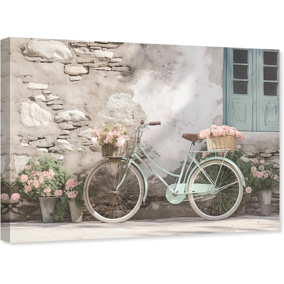 ZHONGYUTONG Bicycle Canvas Wall Art Farmhouse Bike Picture Teal Bike Blooming Flower Painting for Farm Living Room Decor Framed (12.00" x 18.00")