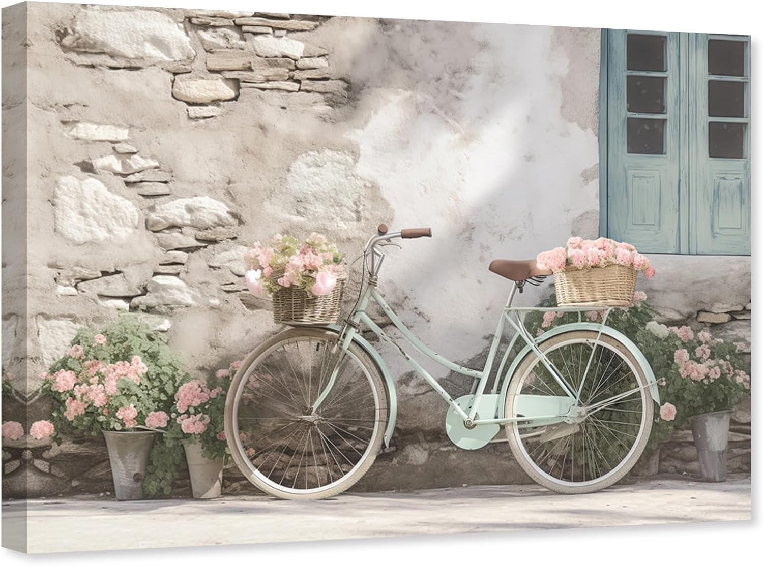 ZHONGYUTONG Bicycle Canvas Wall Art Farmhouse Bike Picture Teal Bike Blooming Flower Painting for Farm Living Room Decor Framed (12.00" x 18.00")