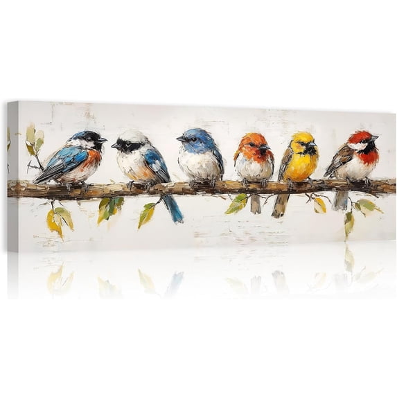 ZHONGYUTONG Bird Canvas Wall Art Colorful Birds on Branch Pictures Wall Decor Rustic Sparrow Artwork Painting for Living Room Decor Framed (8.00" x 24.00")
