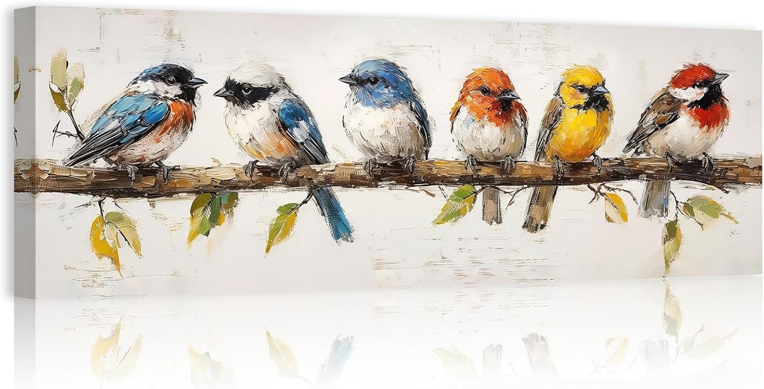 ZHONGYUTONG Bird Canvas Wall Art Colorful Birds on Branch Pictures Wall Decor Rustic Sparrow Artwork Painting for Living Room Decor Framed (8.00" x 24.00")