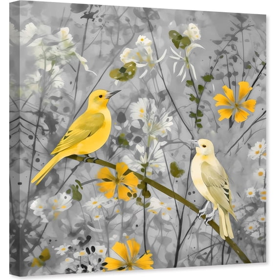 ZHONGYUTONG Bird Canvas Wall Art Grey and Yellow Painting Love Birds Picture Birds on Tree Branches Artwork for Bedroom Decor Framed (20.00" x 20.00")