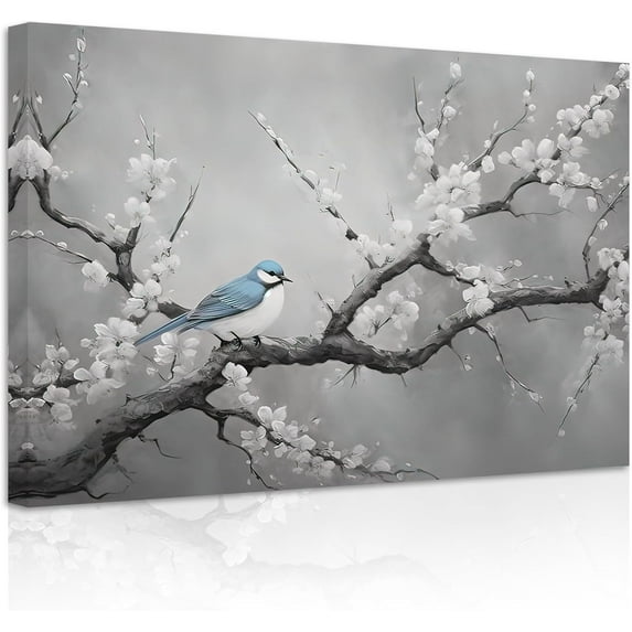 ZHONGYUTONG Birds Canvas Wall Art Blue Bird Standing on Branch Painting Prints Animal Gray Artwork Home Decor for Living Room Bedroom Framed (28.00" x 42.00")