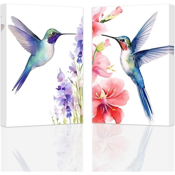 ZHONGYUTONG Birds Wall Art 2 Piece Hummingbird with Flower Pictures Watercolor Bird Canvas Prints Animal Artwork for Home Decor Frame (16"x24"x2PCS)