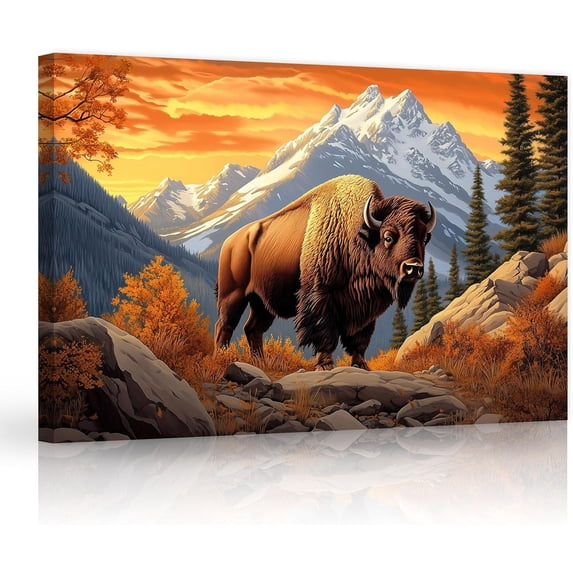 ZHONGYUTONG Bison Canvas Wall Art American Buffalo Pictures Wall Decor Wilderness Animal Painting Print for Living Room Decor Framed (12.00" x 18.00")