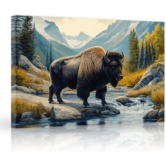 ZHONGYUTONG Bison Canvas Wall Art American Buffalo Pictures Wall Decor Wilderness Animal Painting Print for Living Room Decor Framed (12.00" x 18.00")