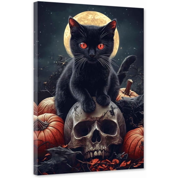 ZHONGYUTONG Black Cat Canvas Wall Art Black Cat Pumpkin Picture Skeleton Skull Print Halloween Painting for Living Room Decor Framed (12.00" x 18.00")