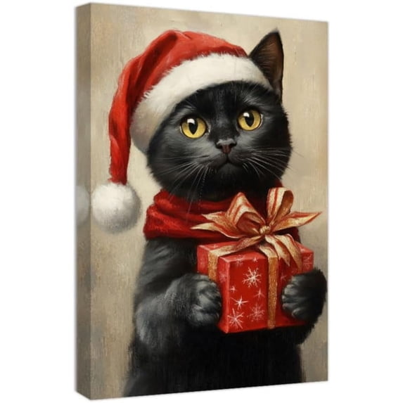 ZHONGYUTONG Black Cat Wall Art Funny Christmas Wall Decor Cute Animal Pictures Canvas Prints Xmas Artwork Gifts Holiday Home Decor Framed (12.00" x 18.00")