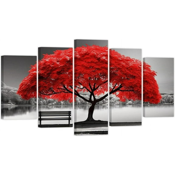ZHONGYUTONG Black and White Canvas Wall Art 5 Pieces Red Big Tree and Chair Picture Landscape Painting Prints Modern Home Decor Framed (8"x14"x2 8"x18"x2 8"x22"x1)