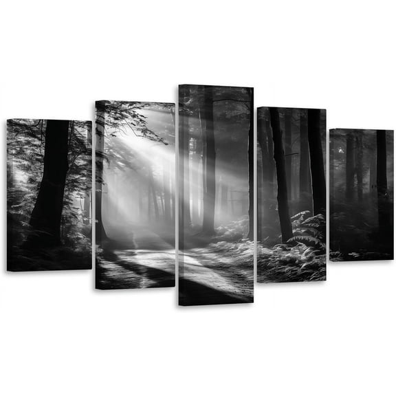 ZHONGYUTONG Black and White Forest Wall Art 5 Pieces Forest Sunshine Tree Painting Nature Landscape Canvas Prints for Living Room Office Bedroom Framed (12"x16"x2 12"x24"x2 12"x32"x1)