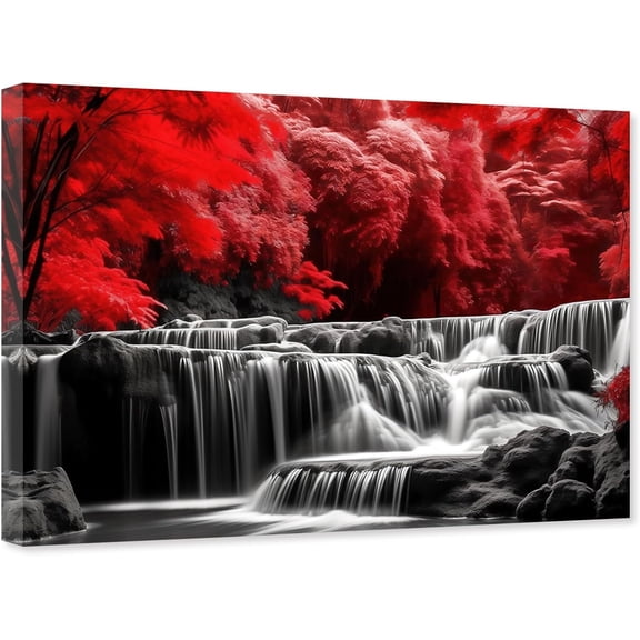 ZHONGYUTONG Black White Waterfall Canvas Wall Art Red Forest Pictures Wall Autumn Landscape Painting for Living Room Decor Framed (12.00" x 18.00")