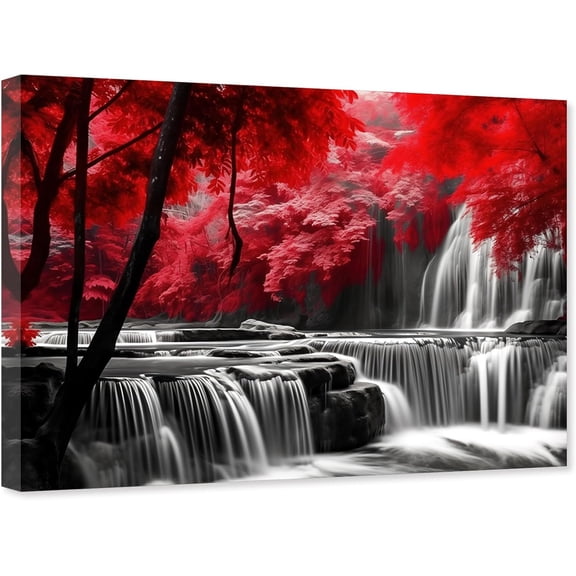 ZHONGYUTONG Black White Waterfall Canvas Wall Art Red Forest Pictures Wall Autumn Landscape Painting for Living Room Decor Framed (12.00" x 18.00")