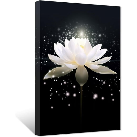 ZHONGYUTONG Black and White Zen Canvas Wall Art Glowing White Lotus Flower Painting Prints Spa Bathroom Decor for Spiritual Meditation Yoga Room Framed (12.00" x 18.00")
