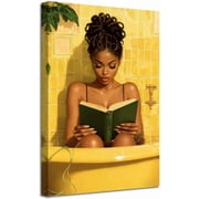 ZHONGYUTONG Black Women Bathroom Canvas Wall Art African American Bathroom Picture Prints Black Girl Reading Poster Minimalist Paintings Wall Decor for Toilet Restroom 12.00" x 18.00"