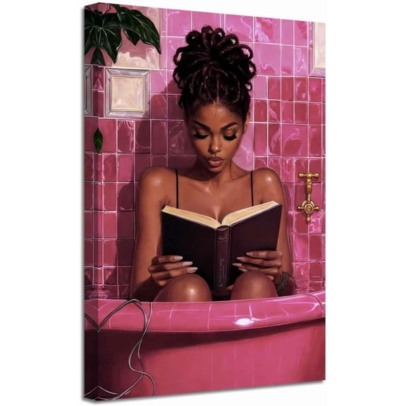 ZHONGYUTONG Black Women Bathroom Canvas Wall Art African American Bathroom Picture Prints Black Girl Reading Poster Minimalist Paintings Wall Decor for Toilet Restroom (12.00" x 18.00")