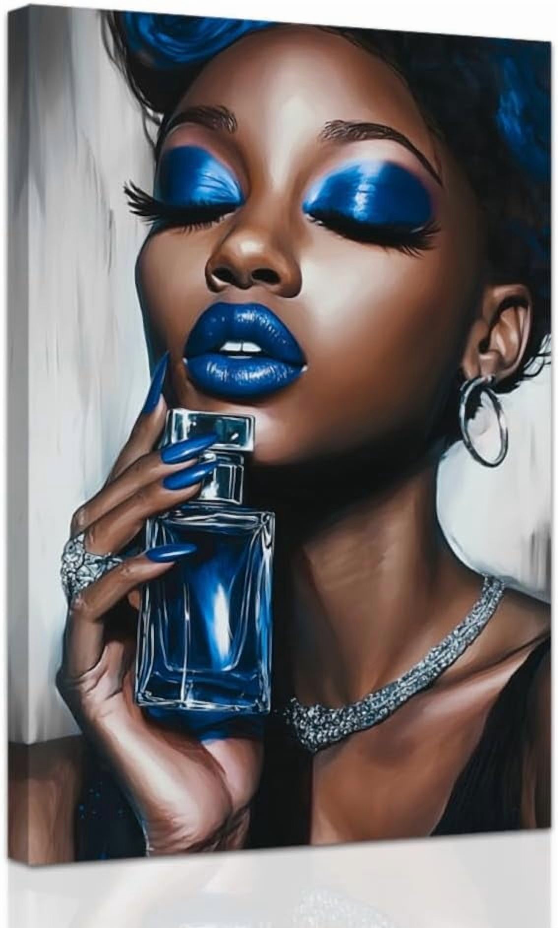 ZHONGYUTONG Blue African American Wall Art Black Women Art Wall Decor Elegant Woman Canvas Prints Fashion Charm Girl Poster for Female Bedroom Home Framed (12.00" x 18.00")