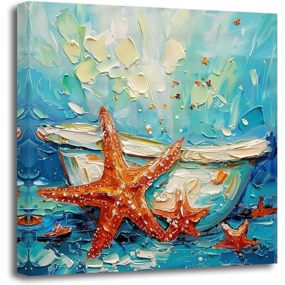 ZHONGYUTONG Blue Bathroom Wall Art Bathtub and Starfish Poster Prints Abstract Watercolor Ocean Canvas Picture for Nursery Kids Room Decor (20.00" x 20.00")