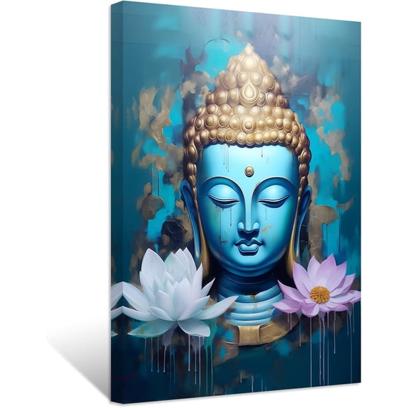ZHONGYUTONG Blue Gold Buddha Wall Art Buddha Head & Lotus Flower Paintings Zen Pictures Spa Canvas Prints for Yoga Meditation Spiritual Buddhism Prayer Room (12.00" x 18.00")